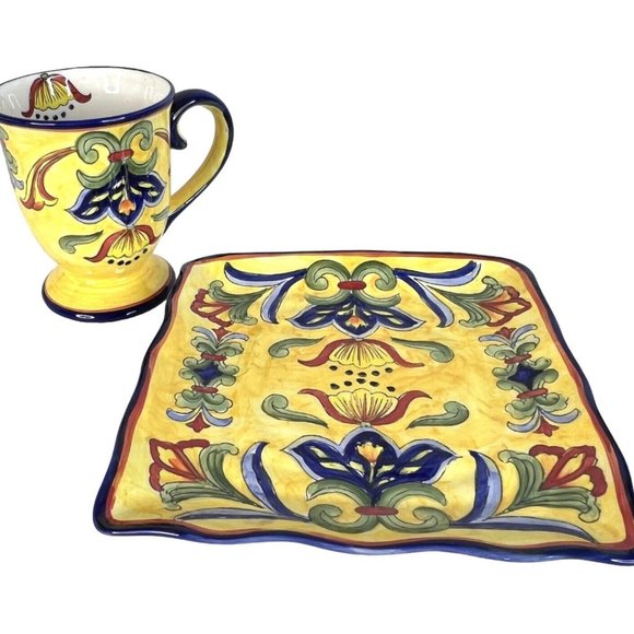 Maxcera Other - New Maxcera Yellow Talavera Ceramic Large Footed Mug And Square Salad Plate 9 IN
